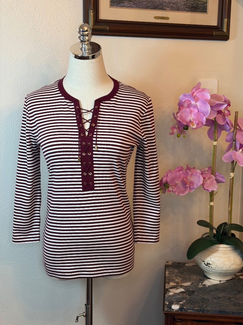 Lauren Ralph Lauren Burgundy & White Striped Lace-Up Top Size Medium ✨